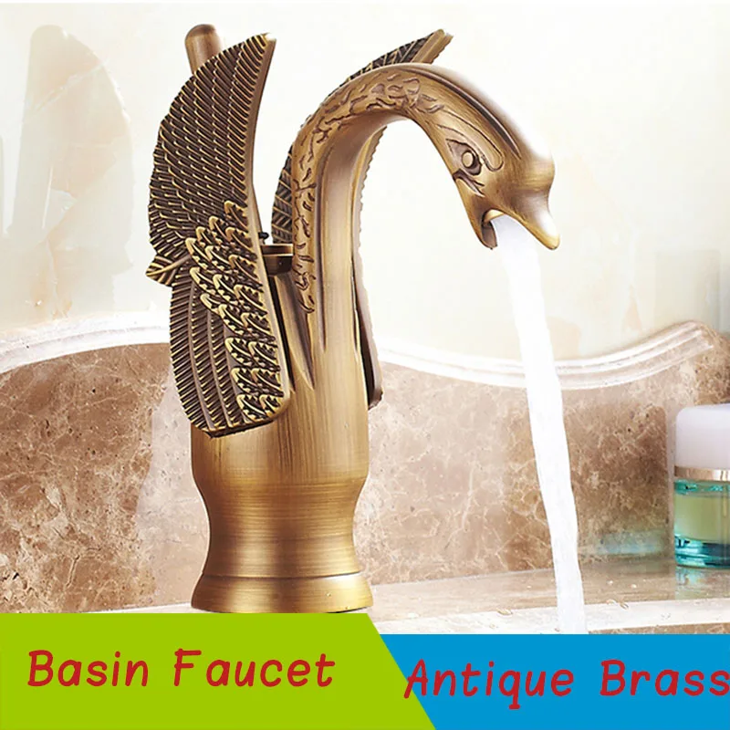 Antique Brass A Роскошный латунный смеситель в форме лебедя для раковины, кран для ванной комнаты с одним отверстием, смеситель для раковины, хромированный белый лебединый кран - Цвет: Antique Brass A
