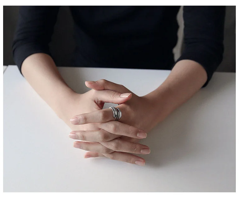 Кольцо из стерлингового серебра 925 пробы с перьями регулируемое бесплатная