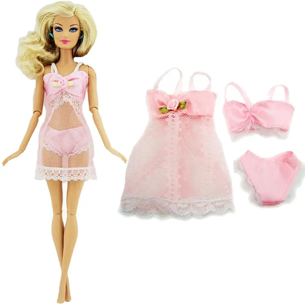 3 Pcs =1 Set Sexy Pajamas Lingerie Lace Costumes+ Bra+ Underwear Dress Clothes for Barbie Doll Clothes Accessories Girl Toy - Цвет: Pink set