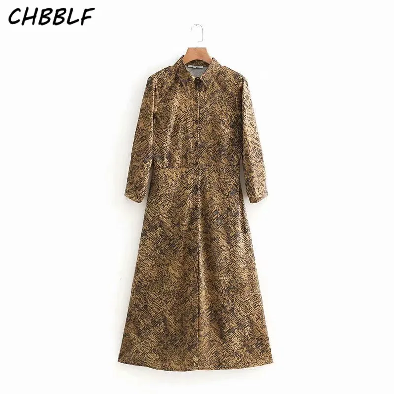 Коричневый CHBBLF, женское платье-рубашка со змеиным принтом, животный узор, рукав три четверти, винтажные Женские повседневные длинные платья, vestidos O8957 - Цвет: Коричневый