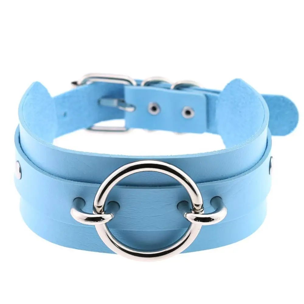 Silver Light Blue Панк большой круглый кожаный чокер для женщин Связывание чокер ожерелье готическое Колье Широкий серебряный цвет массивные ожерелья Макси ювелирные изделия - Окраска металла: Silver Light Blue