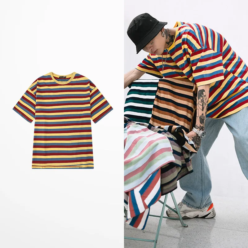 Желтые черные белые летние мужские футболки в полоску хлопковые винтажные Топы