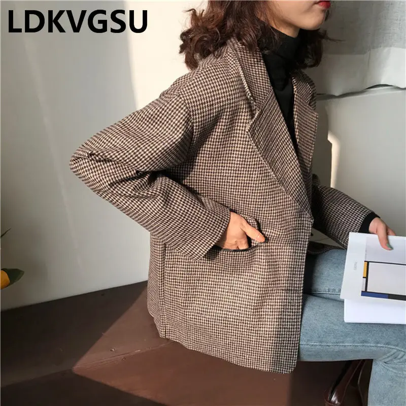 Женский клетчатый пиджак повседневный однобортный Блейзер в Корейском стиле