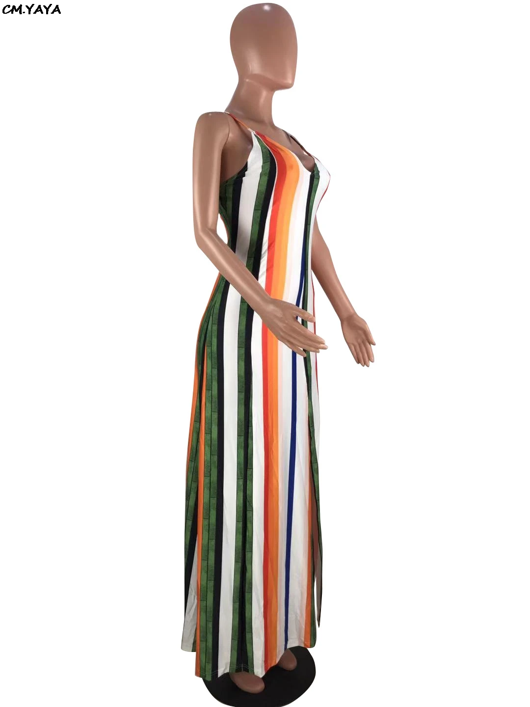 Женское летнее пляжное платье макси на бретелях спагетти с разрезом сбоку без