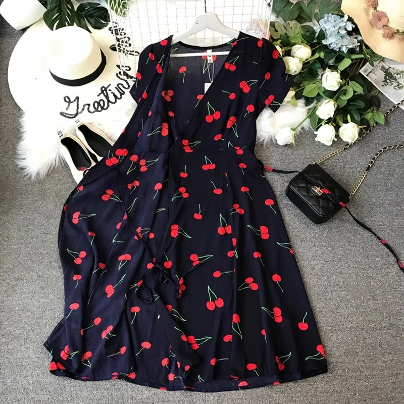 2019 модное летнее платье с вишневым принтом и глубоким v образным вырезом vestidos