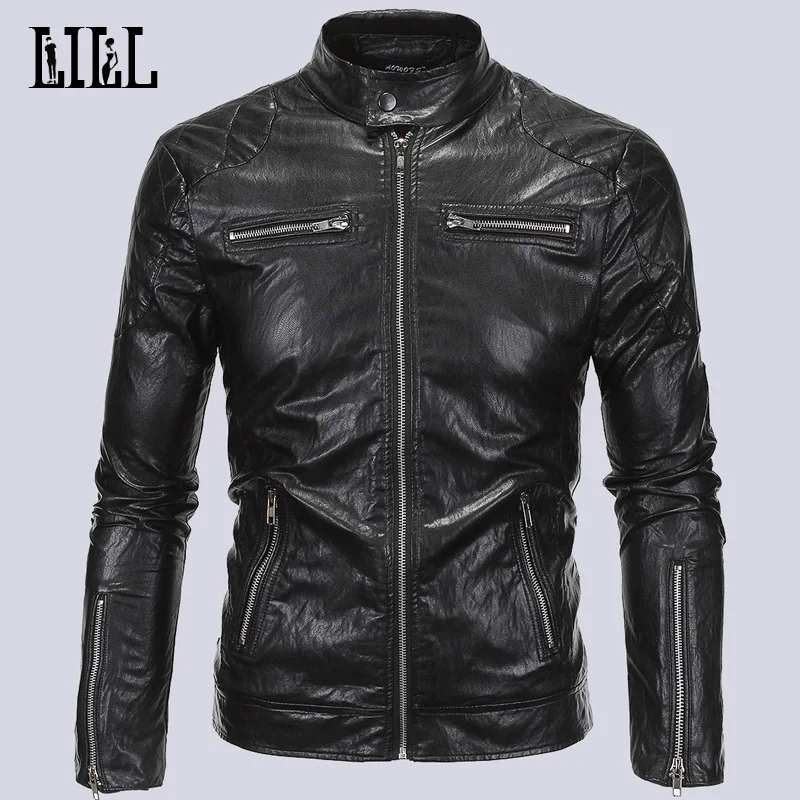 Мужская кожаная мотоциклетная куртка на молнии Мягкая Повседневная бомбер