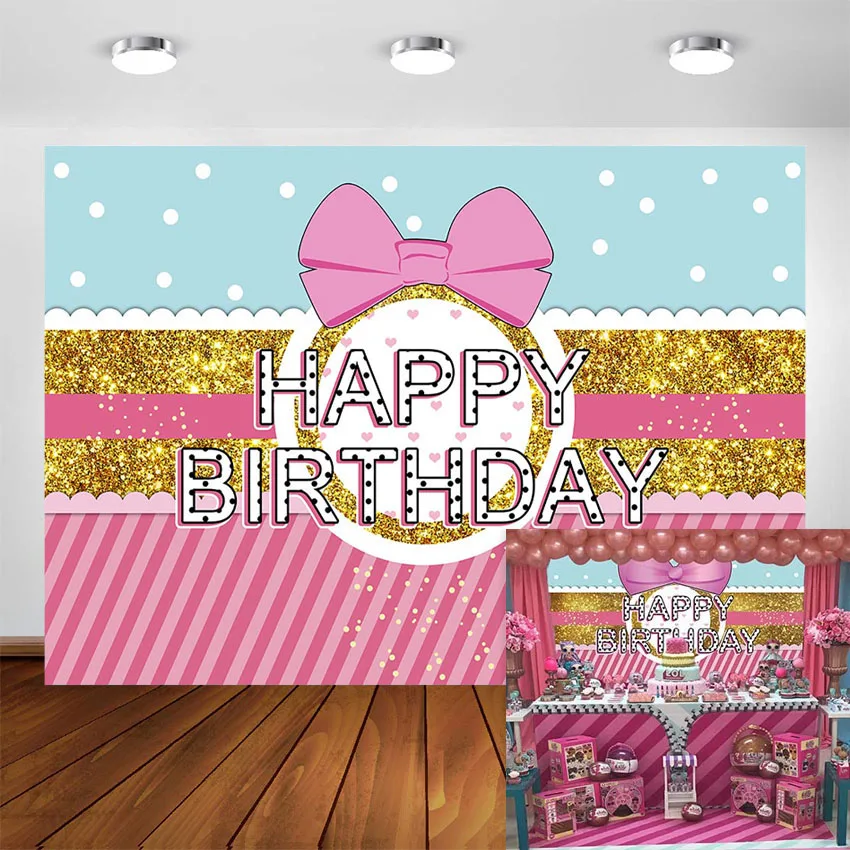 Розовый бант полосатый фон Золотой блестящий белый горошек для девочек день