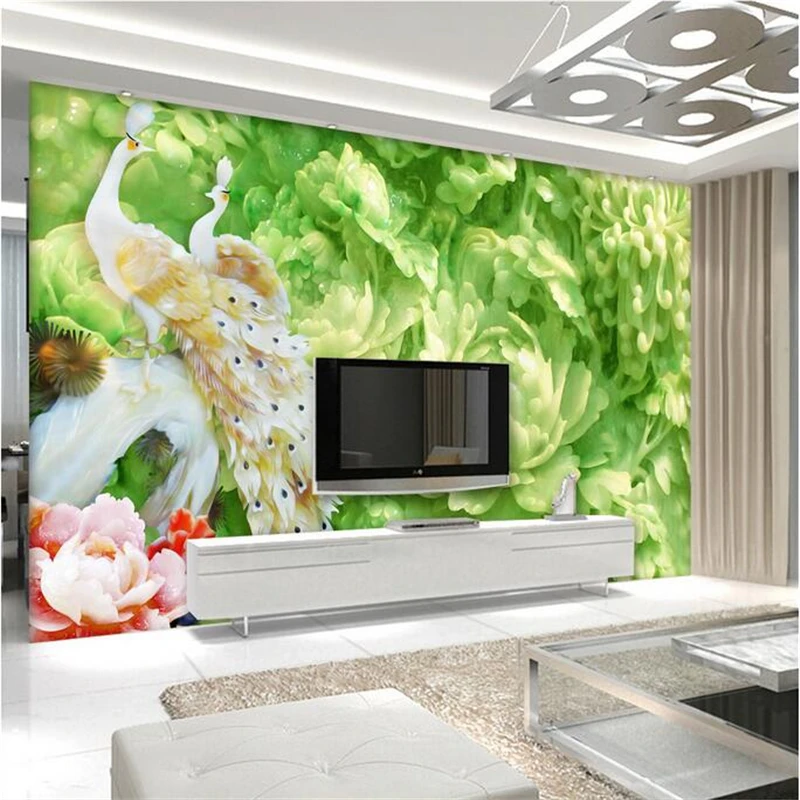 

Peacock Wallpaper Custom Jade Carving Peony 3d Photo Wall Paper Environment Friendly TV Background Living Room Kitchen Bedroom