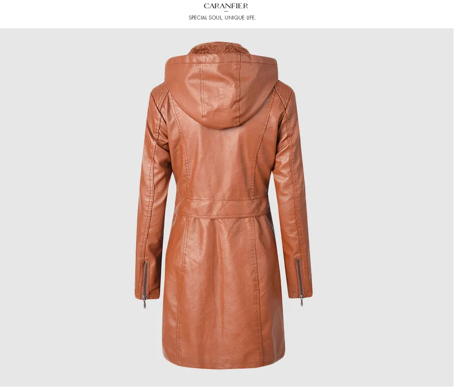 CARANFIER, зимняя женская куртка из искусственной кожи, водонепроницаемый Тренч с капюшоном, на молнии, толстый бархат, меховая подкладка, кожаные куртки для женщин