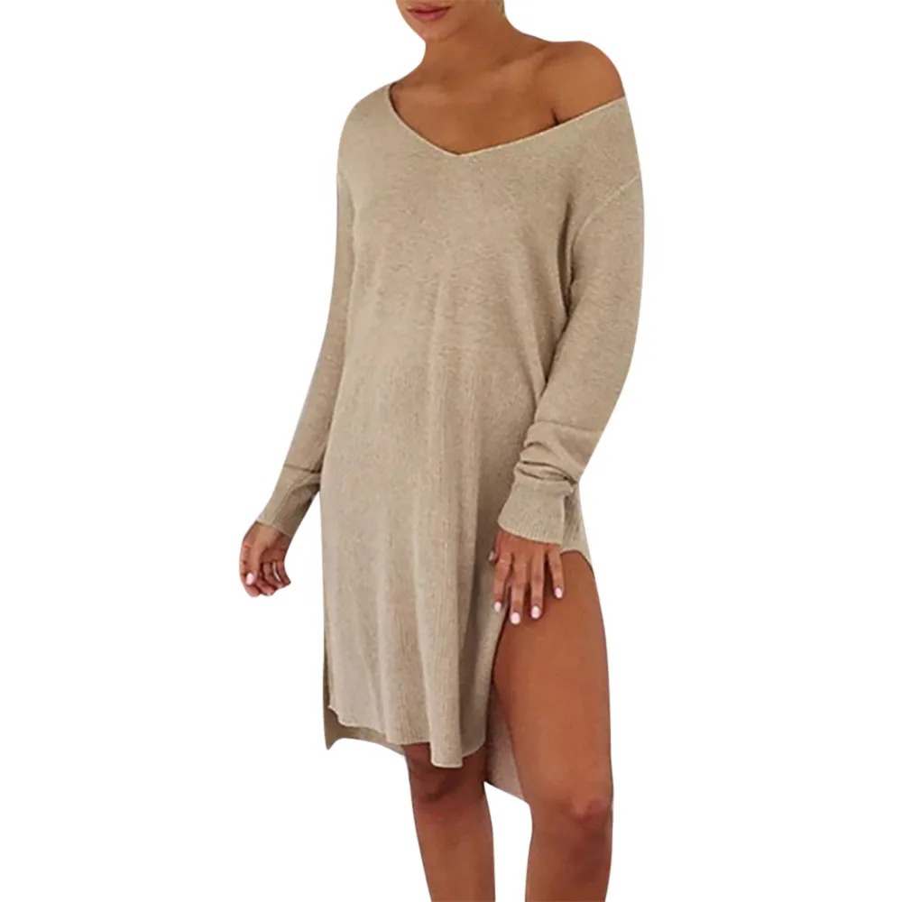 Женское платье 2019 Новое поступление Однотонный свитер без бретелек с круглым