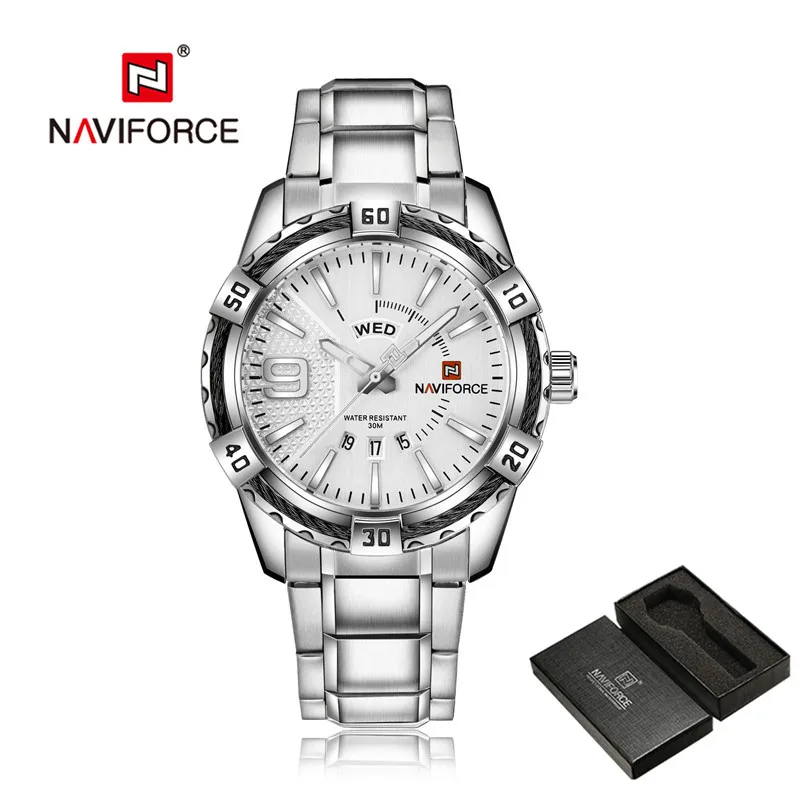 NA9117S05 with box NAVIFORCE мужские часы с датой недели, спортивные мужские часы, Топ бренд, Роскошные военные армейские деловые Стальные наручные кварцевые мужские часы 9117 - Цвет: NA9117S05 with box