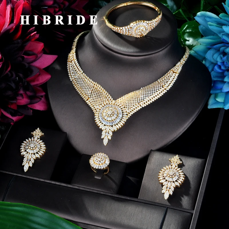 Роскошный женский комплект ювелирных изделий HIBRIDE с фианитами класса ААА, свадебное платье, ожерелье, серьги, набор ювелирных изделий для ве...