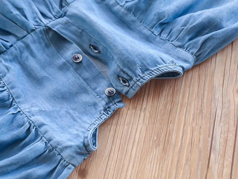 Baby Girls Embroidery Floral Vintage Denim Dress Spring Autumn Ruffles Bow Sweet Kids Clothing | Детская одежда и обувь