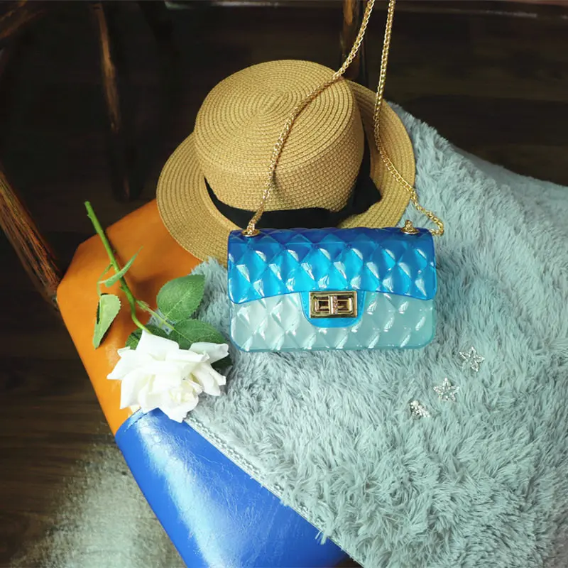 Blue Модная цветная женская сумка из ПВХ высокого качества, прозрачная клетчатая Желейная сумка через плечо, градиентная женская сумка на плечо карамельного цвета - Цвет: Blue