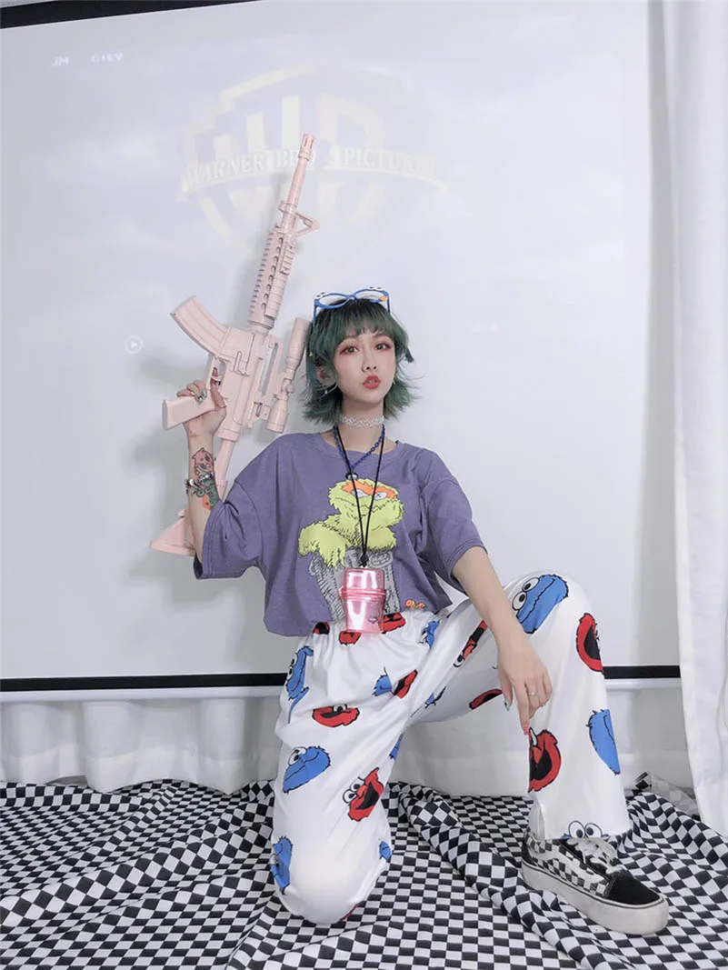 NiceMix Harajuku/Детские милые свободные летние прямые штаны для отдыха и отдыха с принтом героев мультфильмов для девочек штаны в стиле хип-хоп, прямые штаны