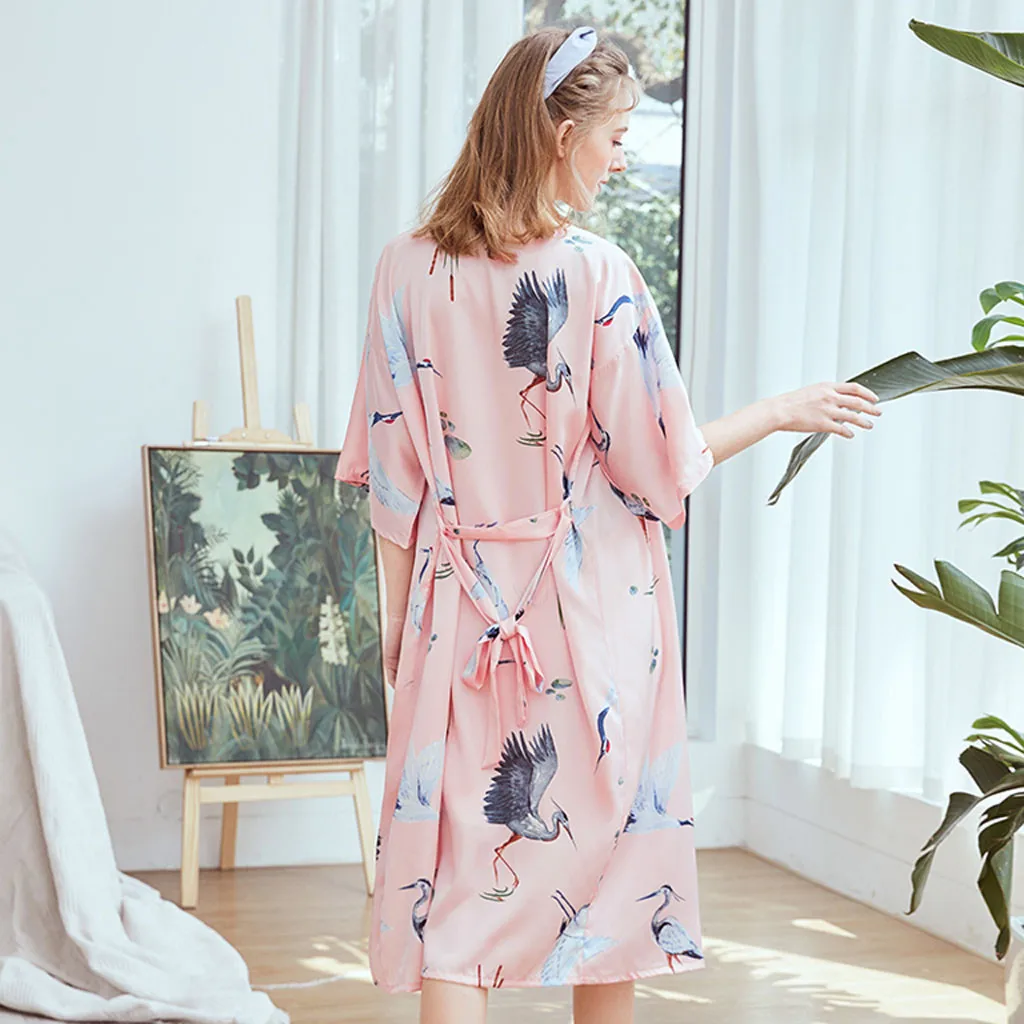

Women Sexy Satin Print Sleepwear Robe With Belt V-Neck Bow Sling Nightdress Robe Gown Sets Conjunto de camisola de camisola #E