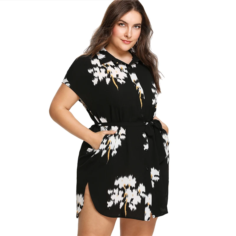SHEIN Платье С Цветочным Принтом С Поясом Плюс Размер Цветочные Женские Платья С Коротким Рукавом