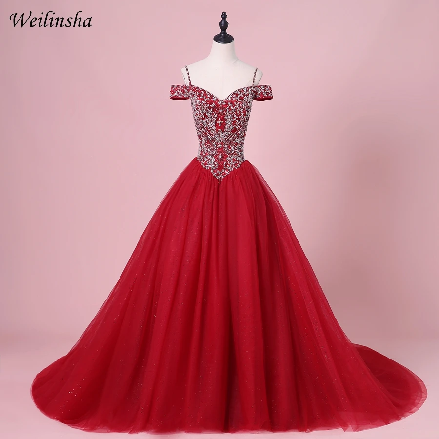 Weilinsha Burgundy Tulle Quinceanera Dresses Ball Gown Off the Shoulder Beading Crystals Sweet 16 Dress Gowns | Свадьбы и торжества