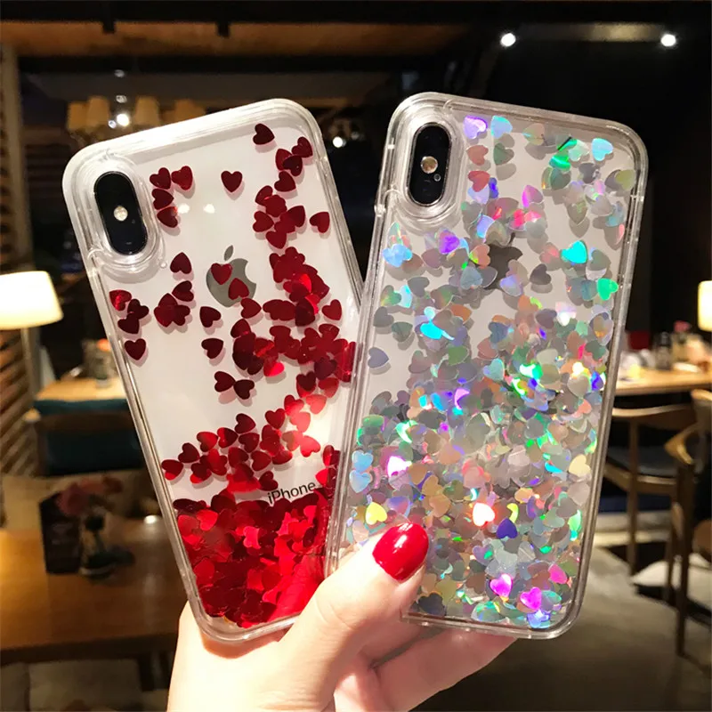 Модный Жидкий блеск зыбучие пески Любовь Сердце фольга для iPhone 6 6S 7 8 Plus X XS MAX XR