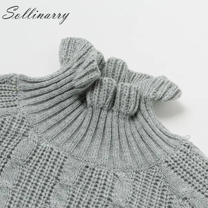 Sollinarry модные Серые вязаные свитера пуловеры платье для женщин с оборками длинным