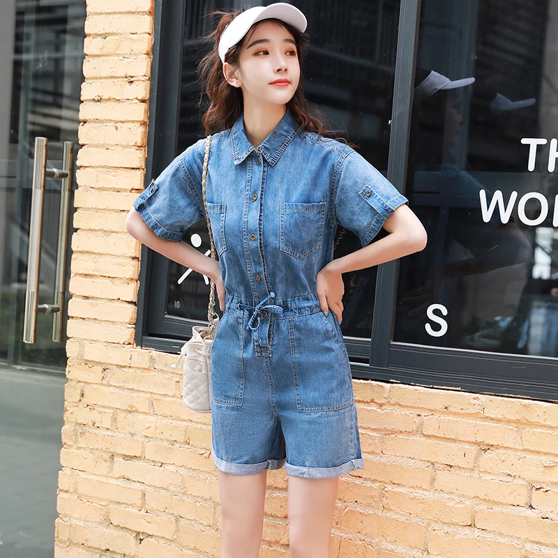 Женский джинсовый комбинезон на завязках Синий Свободный с широкими штанинами и