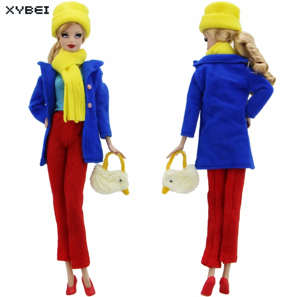 Handmade Colorful Outfit Winter Daily Wear Blue Coat Pants Trousers Cap Scarf Handbag Shoes Clothes For Barbie Doll Accessories | Игрушки и