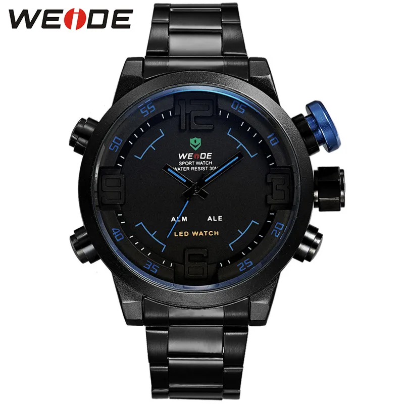 WH2309B-4C WEIDE Многофункциональные Часы Мужчин Будильник Полный Календарь Спорт Полный Календарь Светодиодный Дисплей Ремешка из Нержавеющей Стали Японский Механизм Кварцевые Наручные Водонепроницаемые Электронные Часы - Цвет: WH2309B-4C