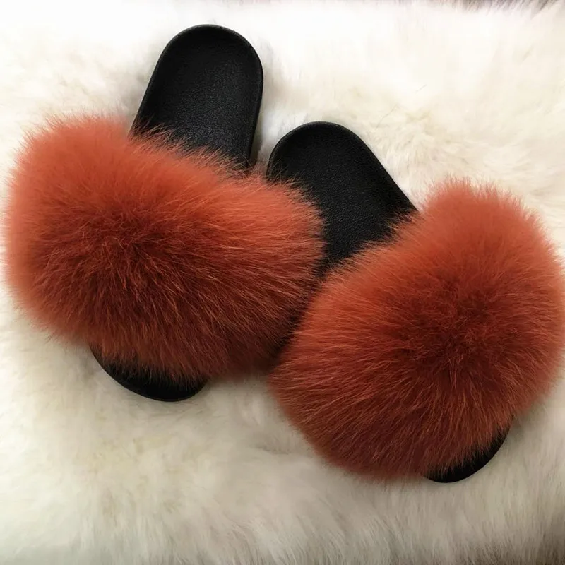 Женские шлепанцы из натурального Лисьего меха сланцы плоская мягкая меховая