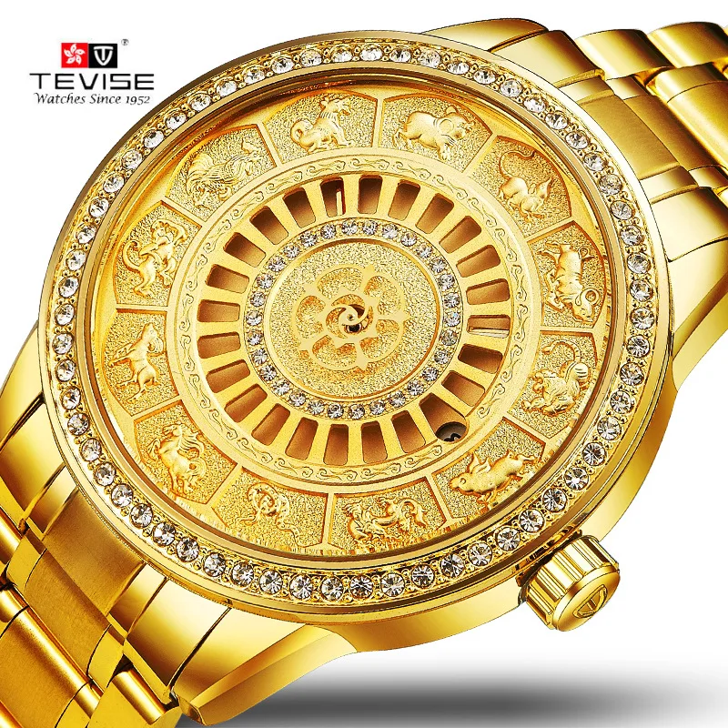 

TEVISE Men Automatico Mechanical Watch Skeleton Zodiac Watches Self-winding Waterproof Top luxury gold Clock Relogio Masculino