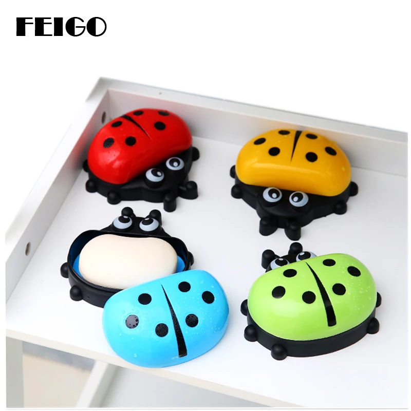 

FEIGO New Brand Hot Selling Cute ladybug with lid Soap Dish Box Case Wash Shower Holder Container Wash Shower Home Bathroom F30