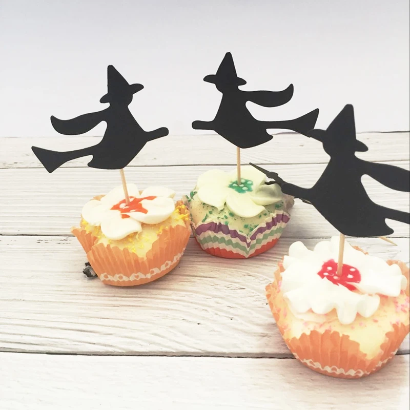 24pcs Halloween Black Witch Party Picks Toothpicks Cupcake Toppers Food Single sided 2019 | Дом и сад