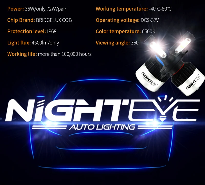 Nighteye 2 шт. супер яркий H11 светодиодные лампы H8 H9 72 Вт 9000lm фара автомобиля светодиодные светильники для AUTOT 12 В с Вентиляторы 6500 К ничуть лампочки для авто