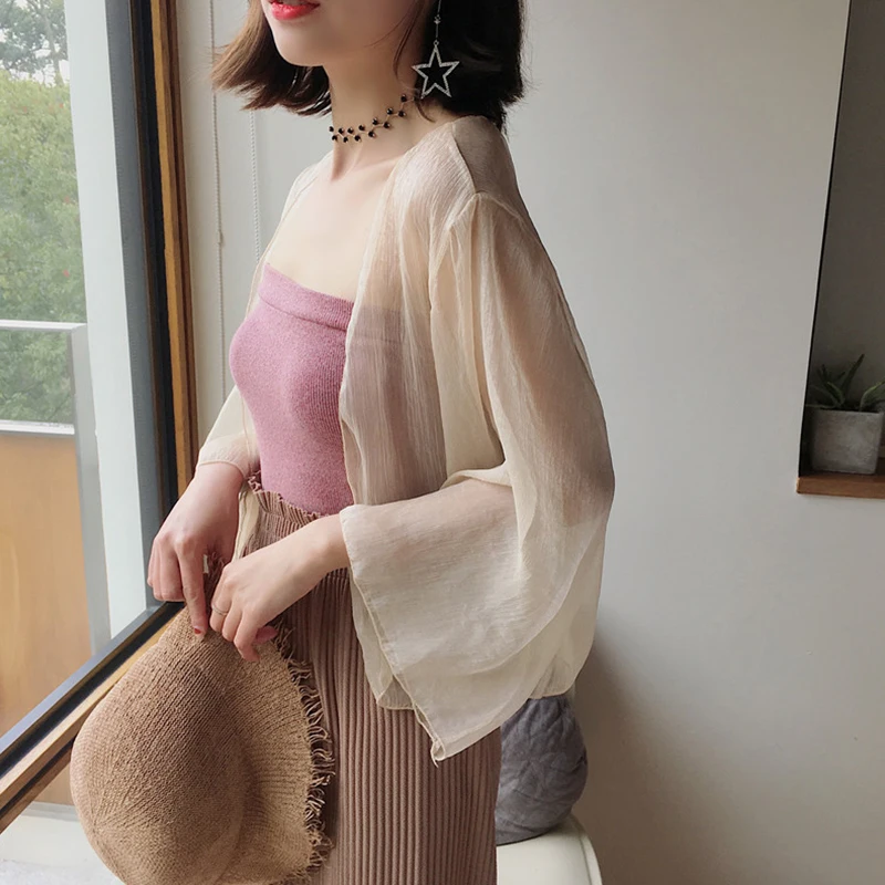 MLXSLKY Солнцезащитная одежда женский короткий кардиган новая Свободная шифоновая