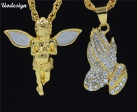 the praying hands and angel pendants necklaces brother gift gold color crystal alloy hip hop men chain jewelry