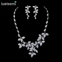 LUOTEEMI Tiny CZ Crystal Micro Paved Leaf Shape Statement Necklace Bridal Luxury White Gold-Color Wedding Jewelry Set For Women