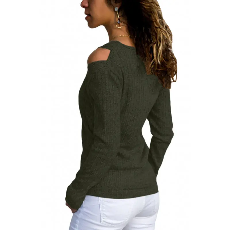 Pullover Female Rib Knit Long-Sleeved Top Winter Clothes Women V-Neck Cold Shoulder Sweater Casual Pure Color Autumn | Женская одежда