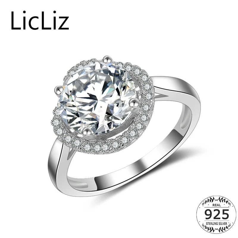 

LicLiz Wedding Rings 925 Sterling Silver CZ Cocktail Ring Big Stone Women Pave Cubic Zirconia Halo Solitaire Rings Round LR0458