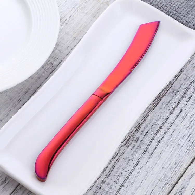 7PCS Rainbow Colorful Steak Knife Sharp Set Polished Stainless Steel Kitchen Dinnerware Restaurant Cutlery Western Food Knife - Цвет: rainbowred7
