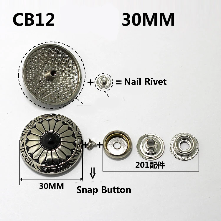 CB12 30mm Серебристые металлические кнопки, заклепки для ногтей с украшением из бисера для кожевенного ремесла, кожаные аксессуары для шитья - Цвет: CB12 30mm