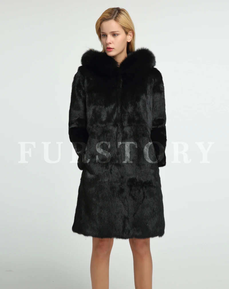 Fur Story натуральный кроличий мех пальто с лисой капюшон зима теплая большая толстовка натуральный Меховая куртка женская верхняя одежда 151254