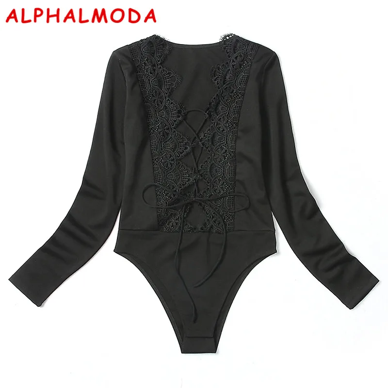 ALPHALMODA, женские сексуальные боди, перекрестная шнуровка, глубокий v-образный вырез, полые женские комбинезоны, одноцветные, тянущиеся, очаровательные комбинезоны - Цвет: Черный