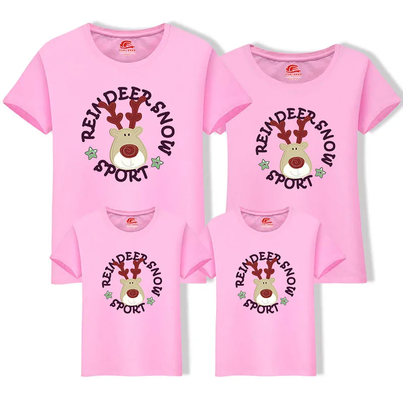 Pink Новинка г.; рождественские одинаковые комплекты для семьи; хлопковая футболка с короткими рукавами для мамы, папы и ребенка; Milu Deer; одинаковая семейная одежда - Цвет: Pink