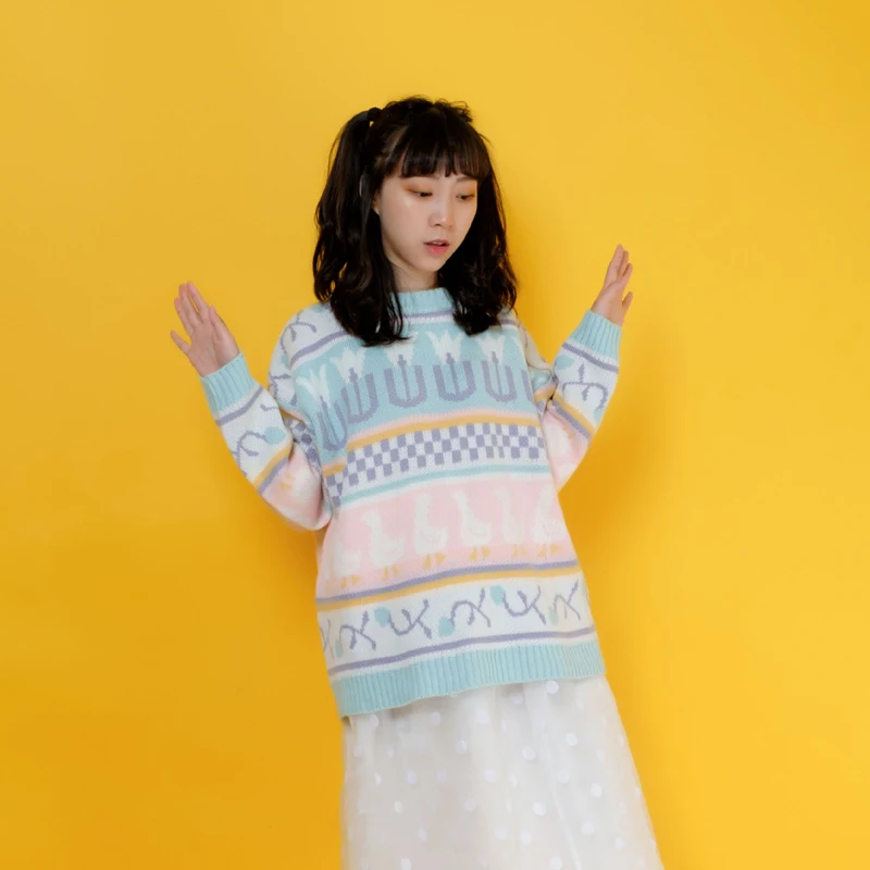 Autumn Winter Japanese Vintage Ladies Pullover Sweater Long Sleeve Loose Knit Multicolor Cartoon Jacquard Preppy Style | Женская одежда