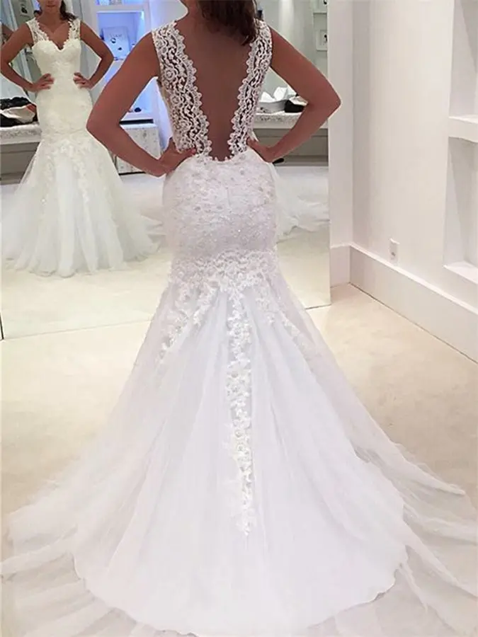 

Ensotek Elegant Appliques Low Back Mermaid Wedding Dress 2019 V-neck Sweep Train Tulle Bridal Wedding Gowns robe de mariage