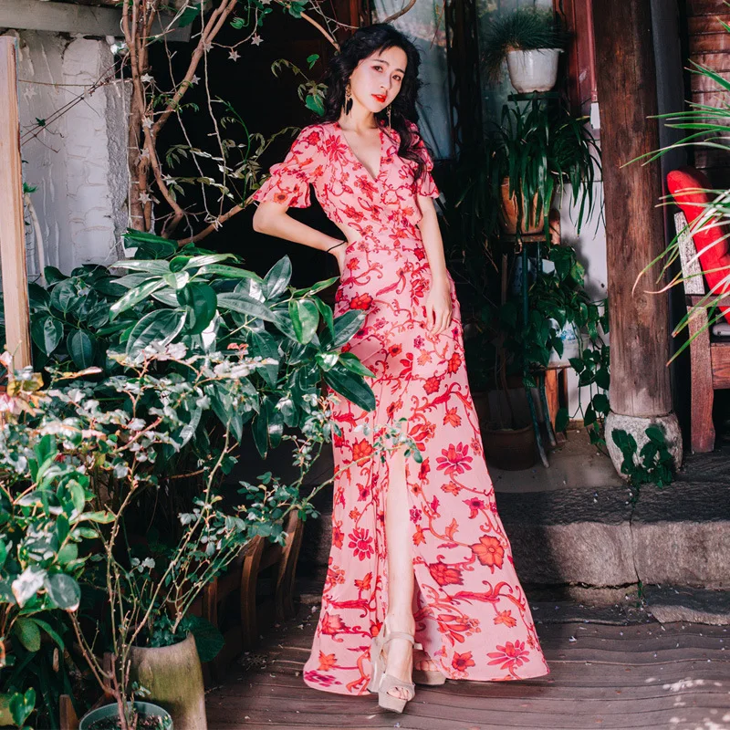 Asymmetrical V Neck Bohemian Maxi Dresses for Women Cotton Short Sleeve Summer Beach Empire Ruffles Floral Vestidos | Женская одежда