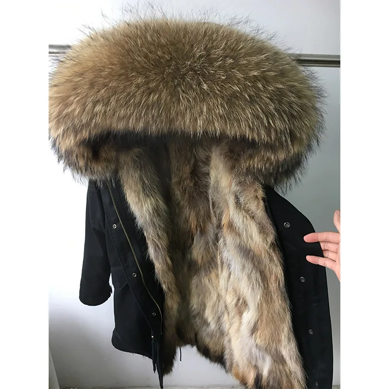 Парка с подкладкой из натурального меха, серебряное пальто из искусственной кожи, пальто из натурального меха, зимняя куртка для женщин, воротник из натурального меха енота, теплые толстые парки