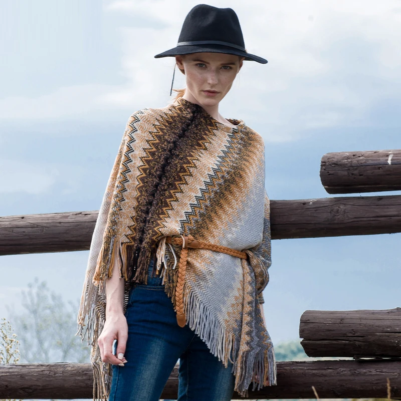 JuneLove 2020 women autumn winter new tribal ethnic knitted pullovers poncho sweater Vintage khaki gary jumper outwears | Женская одежда
