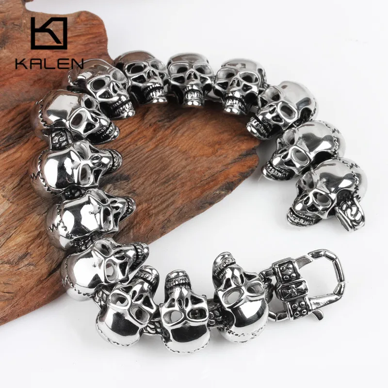 Kalen Skull Charm Men's Hand Bracelet Stainless Steel Punk Skeleton Male Wrap Metal Bracelet Bangle European Punk Jewelry 2019