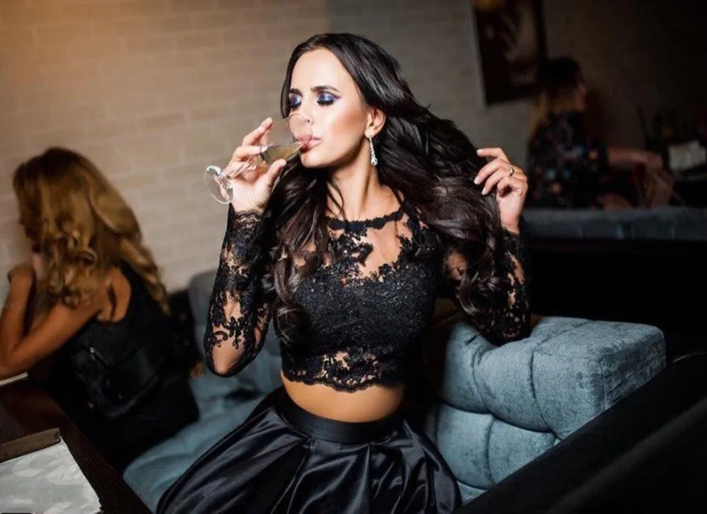 Дешевые черные платья для выпускного вечера из двух частей круглый вырез иллюзия