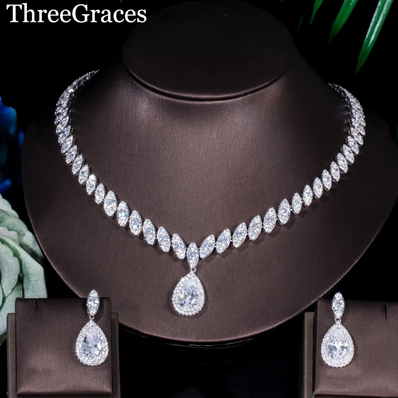 ThreeGraces Luxury Wedding Bridal Costume Jewelry White CZ Stone Big Water Drop Earrings Necklace Sets for Brides JS001|Ювелирные